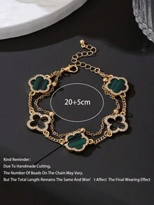 1 pieza Diseño de negocios Clásico Brazalete de trébol de cuatro hojas con incrustaciones de strass de moda suerte blanco y verde trébol de cinco hojas de doble capa para hombres (hecho a mano, la cantidad de cuentas puede variar, la longitud fija no afecta el efecto de uso) - Verde - Ver 6