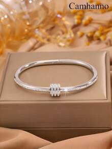 1/5 piezas Brazalete de mujer de acero inoxidable chapado en oro, brazalete apilable clásico con incrustaciones de rhinestone, joyería resistente a la oxidación y al agua - Plateado - Ver 8