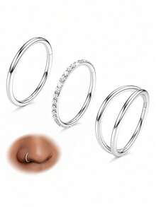 三件套鼻环 - 316L 级不锈钢双环鼻环、18G 铰链式立方氧化锆螺丝穿刺饰品、乳环穿刺饰品、九爪螺丝唇环、耳骨钉、螺旋钩耳钉、鼻环、情人节礼物、7mm/8mm/9mm/10mm - 3pc鼻環 - 查看 12