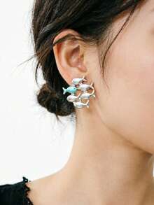 1 paire de boucles d'oreilles uniques avec motif de banc de poissons nageant vers le haut, boucles d'oreilles mignonnes et inspirantes, style populaire européen et américain - Boucles d'oreilles en forme de poisson - Voir 4
