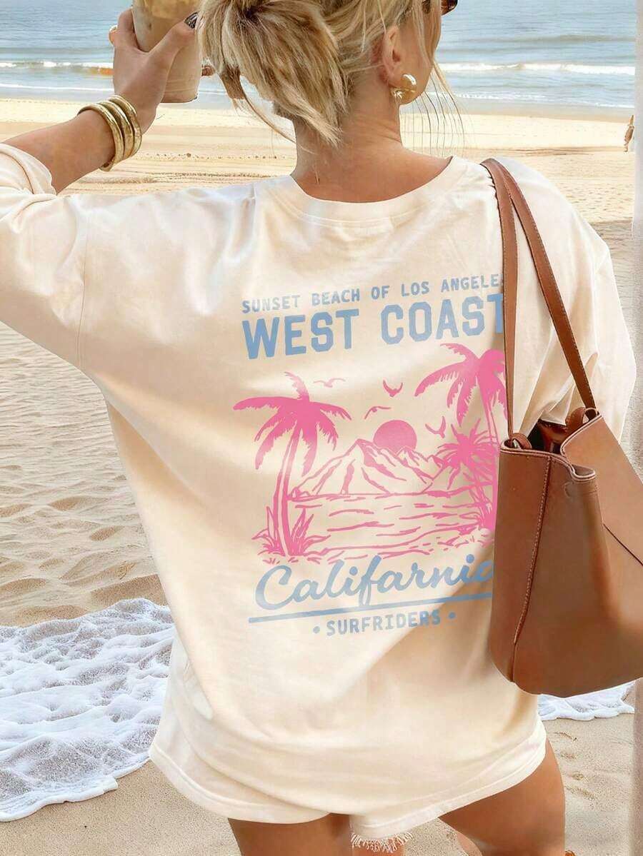 Niche Design. New Women's Casual Summer Short-Sleeved Crew Neck T-Shirt With A Minimalist And Versatile Palm Tree Slogan Print, Suitable For Everyday Wear. Printed T-Shirt, White Top For Women, Black Top, Pink Top, Vacation. 100% Cotton - 杏色 - 查看 1