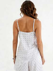 Camisetas sin mangas con estampado de lunares para mujer, estilo veraniego, modernas, con encaje y escote en V. - Blanco - Ver 5