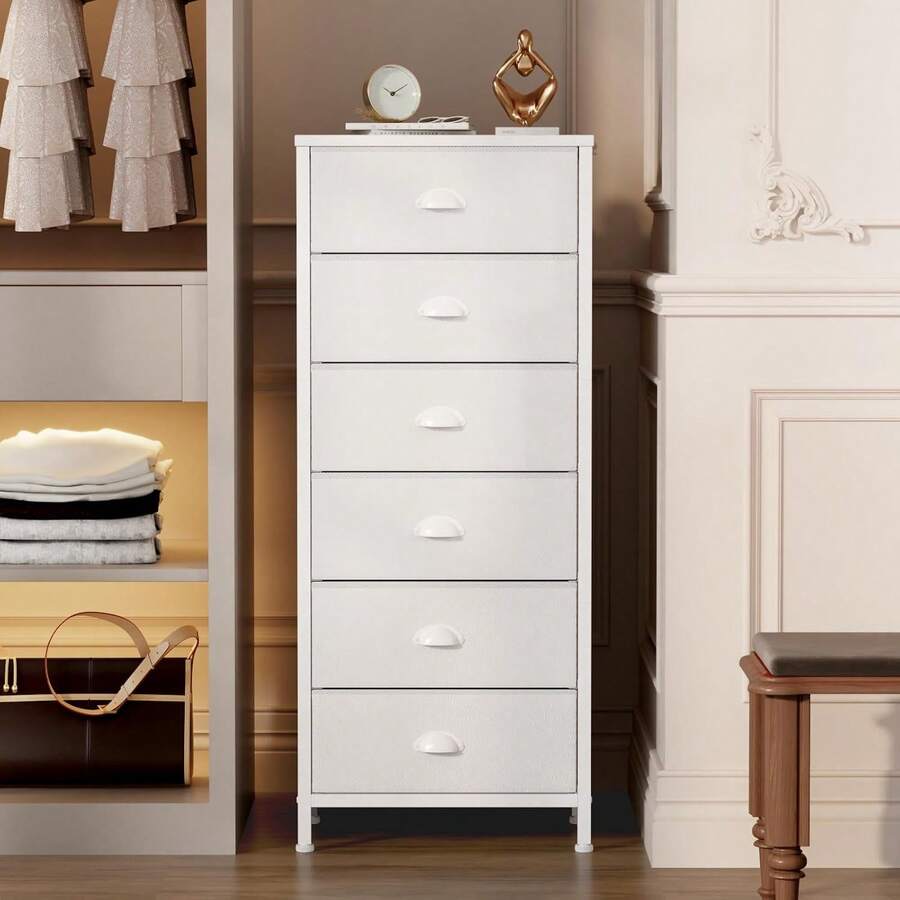 White Tall Dresser Bedroom Vertical Storage Tower 6 Fabric Drawers Nightstand End Table Living Room Closet Entryway Hallway AFSI - 鄉村棕色 - 查看 1