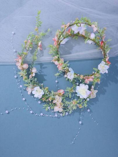 Handmade Pastel Floral Pearl Bridal Flower Crown, Dreamy Fairy Headpiece With Beaded Tassels, Suitable For Weddings