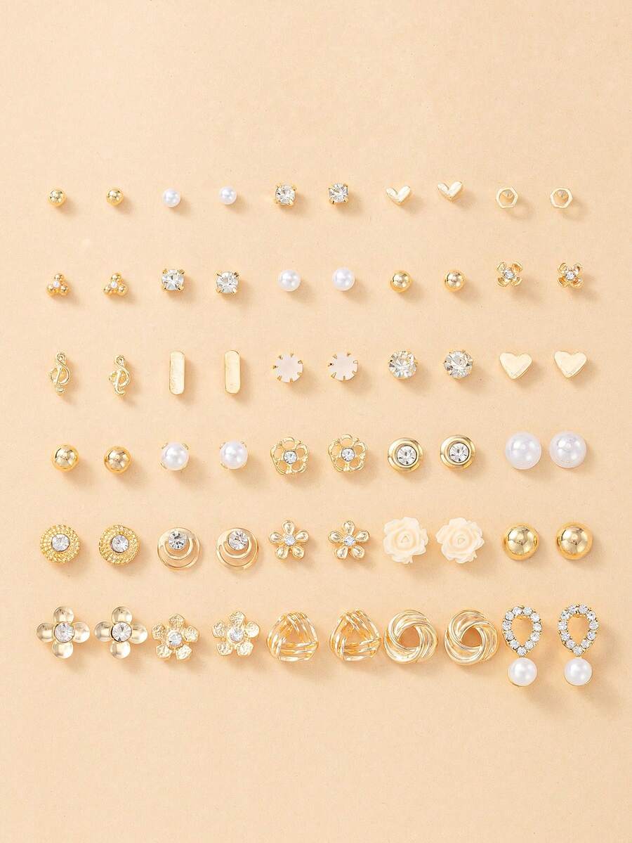 30对可爱雏菊、蝴蝶结、雪花耳钉套装,百搭日常、约会、旅行、节日礼物,送给朋友的理想之选 - 金黃色 - 查看 1
