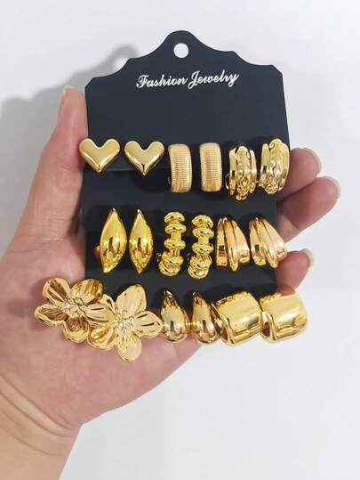 9 Pairs Gold Tone Earring Set, Niche Design Heart & Flower Earrings, Versatile Luxury Hoop Earrings For Women