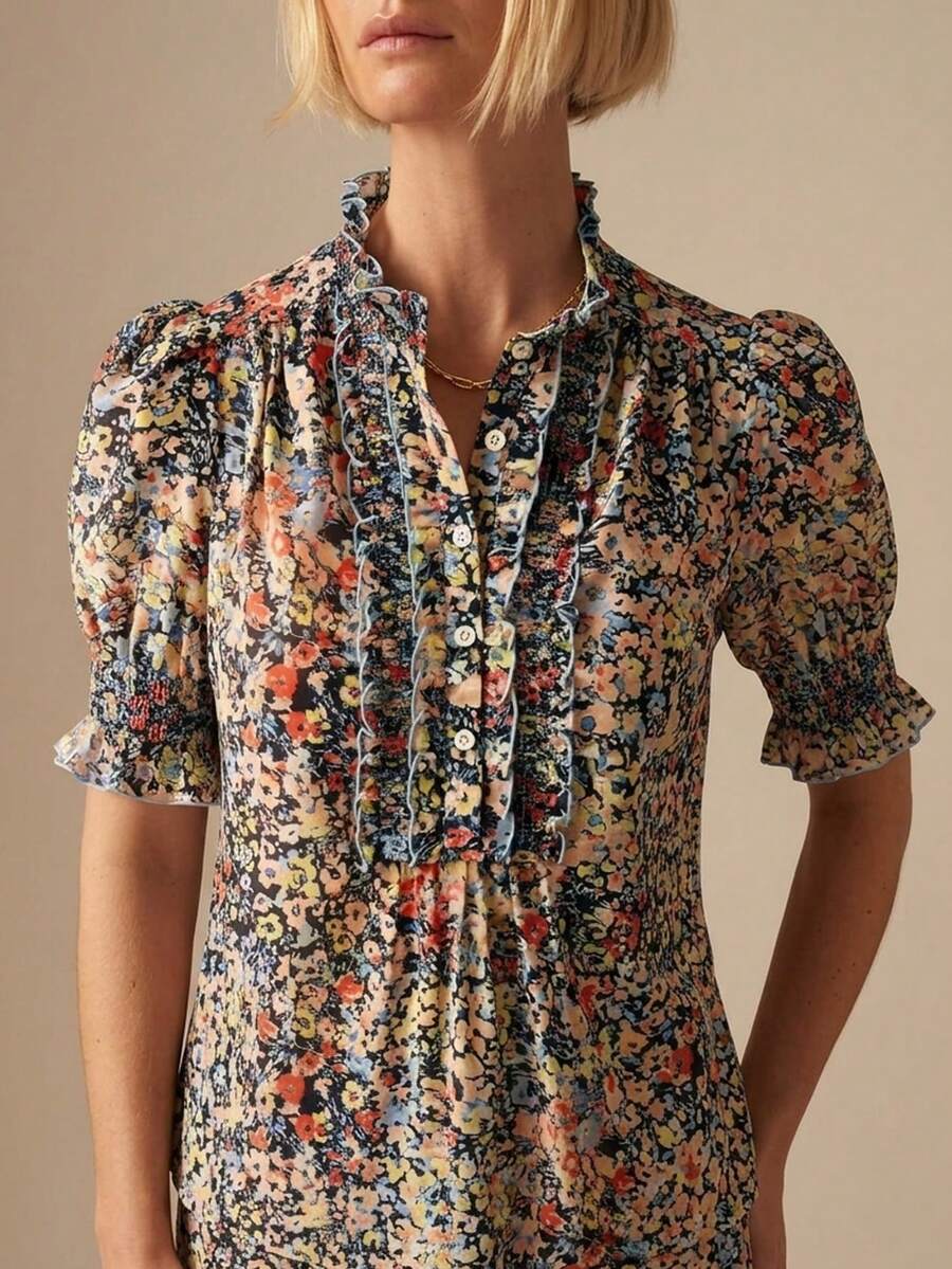 女士褶皱领印花休闲夏季上衣，百搭女士夏季日常衬衫 - 彩色 - 查看 1