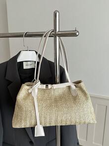 夏季新款卡其色编织腋下包，大容量草编单肩包，通勤度假多功能手提包 - 卡其色 - 查看 2