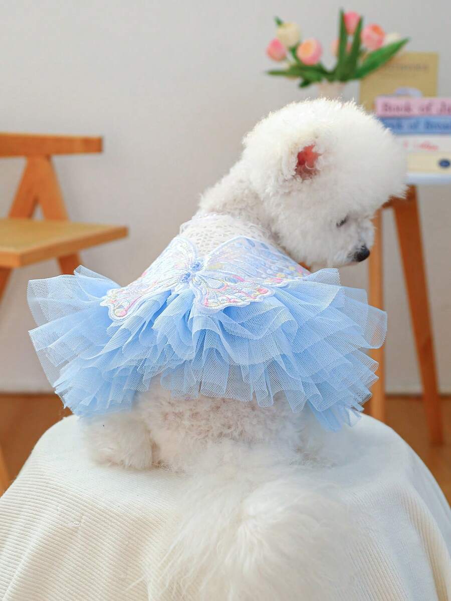 PETCIRCLE 宠物连衣裙,狗狗猫咪公主薄纱裙套装,可爱蝴蝶仙子薄纱裙 - 天蓝色 - 淺藍色 - 查看 1