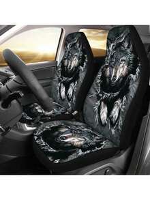 5件装汽车座椅套，创意牛仔布狼头图案，透气冰丝材质，柔软舒适，适合夏季，汽车内饰座椅保护套，汽车配件，男女通用，适用于轿车、SUV和面包车，通用印花座椅套 - 彩色 - 查看 2
