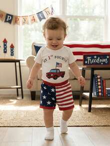 Baby Boy 4th Of July Outfit Patriotic Short Sleeve Flag Embroidery Striped Romper With Star Print Shorts 2Pcs Set , 4th Of July Baby Boy Outfit  0-3Months 3-6Months 6-12Months12-18Months - 藍紅白 - 查看 4