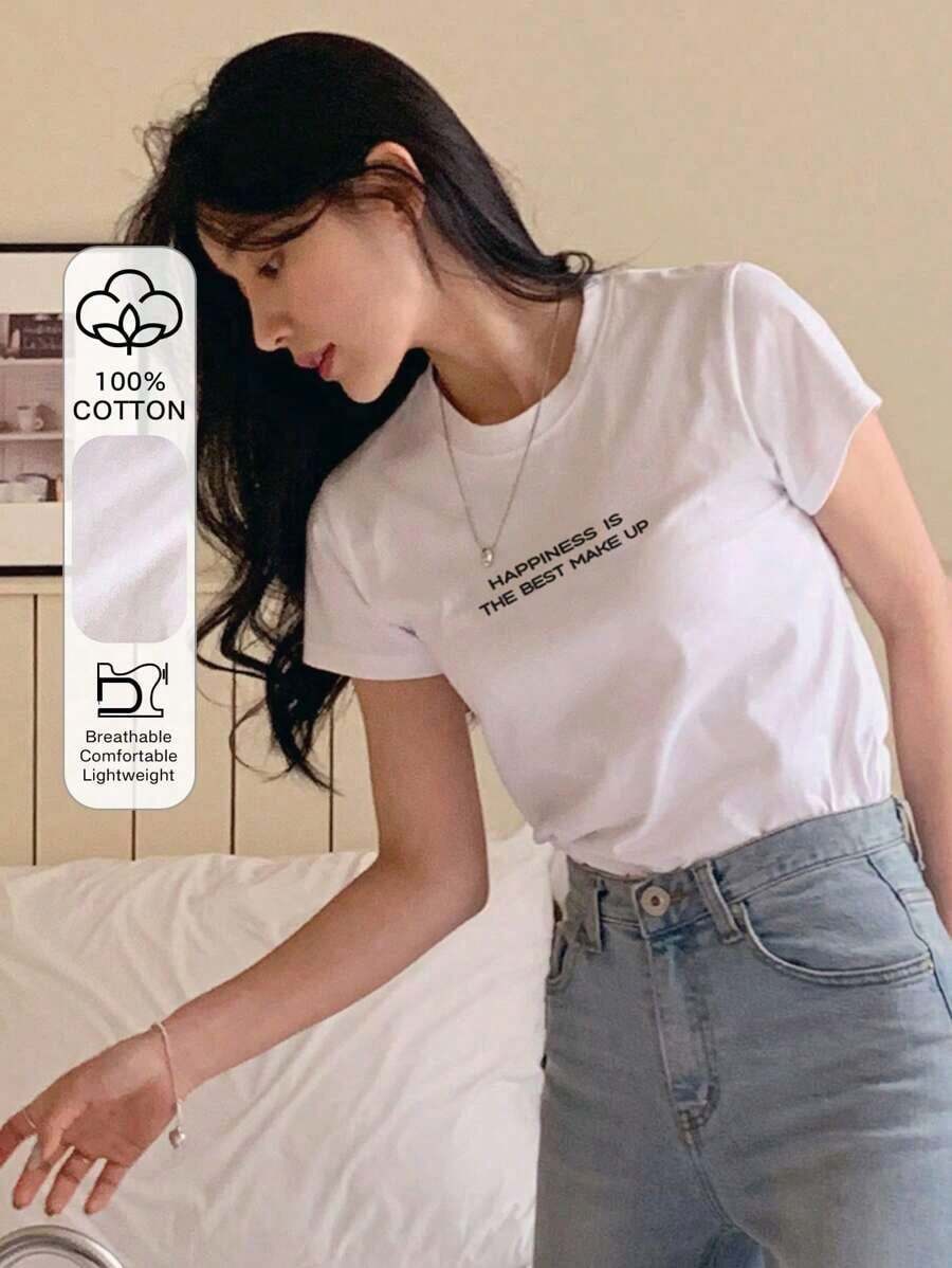Playera Ajustada con Estampado Minimalista, Manga Corta, Ideal para Combinar con Pantalones - Blanco - Ver 1