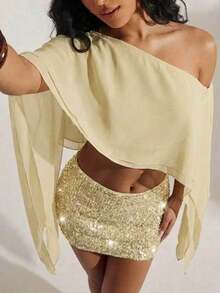 2026 Summer Women's Sexy Off-Shoulder Asymmetric Draped Sleeve Chiffon Cropped Top, Essential For Party, Date, Vacation - Yellow - View 5