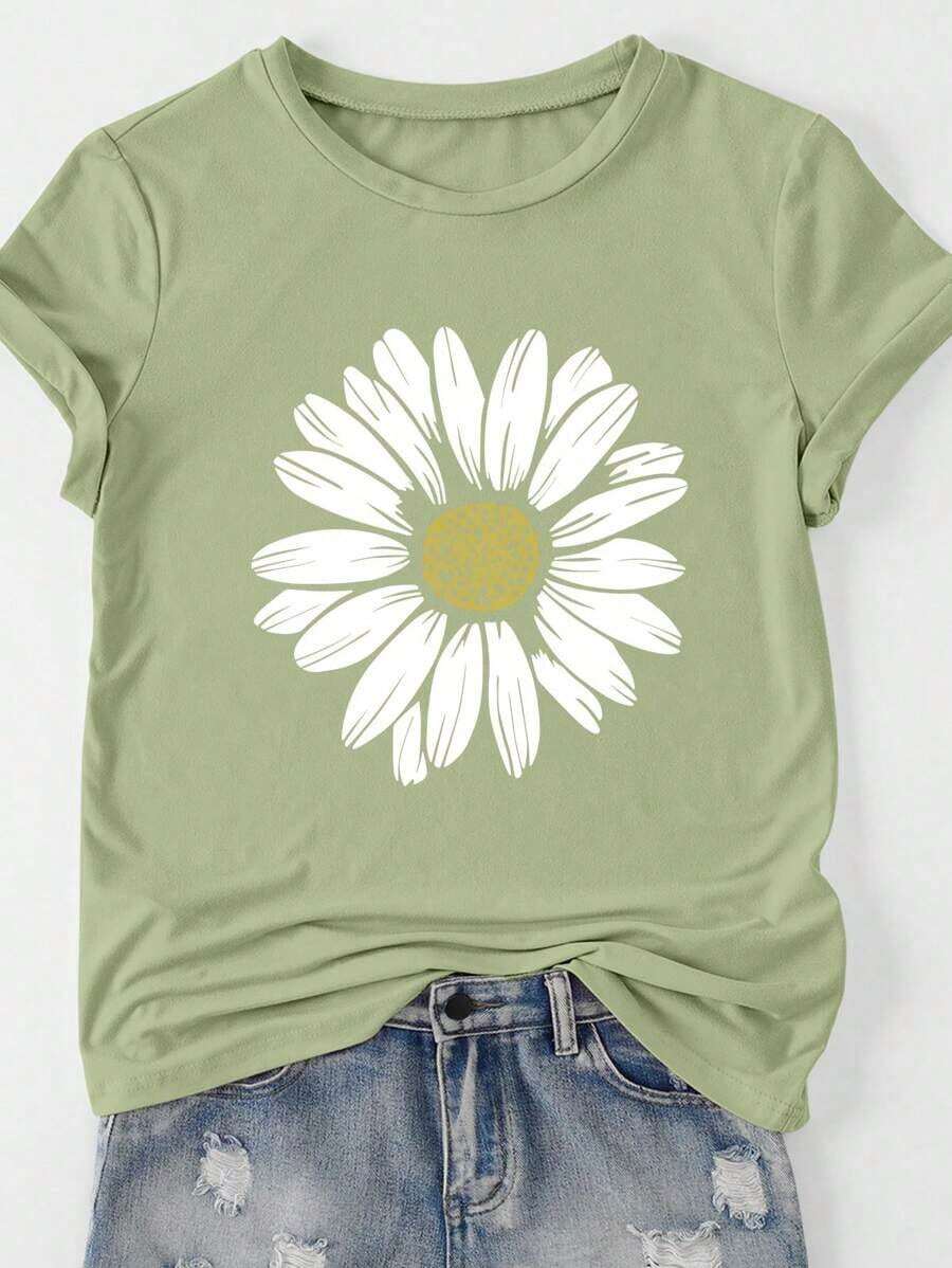 Camiseta cómoda de mujer con estampado de rayas y flores de margarita, cuello redondo, manga corta, minimalista y versátil para uso casual - Verde militar - Ver 1