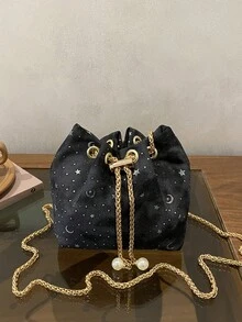 1pc Black Star & Moon Cloud Print Drawstring Bucket Bag, Soft Pearlescent Chain Strap Women's Crossbody Shoulder Handbag, Mini Tote Bag For Daily, Party, Shopping, Dating - Black - View 11