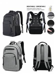 1pc Polyester Casual Laptop Backpack, Large Capacity Multi-Function Notebook Business Computer Bag, Outdoor Travel Backpack Suitable For Men And Women, Black, Grey - Multicolor - View 2