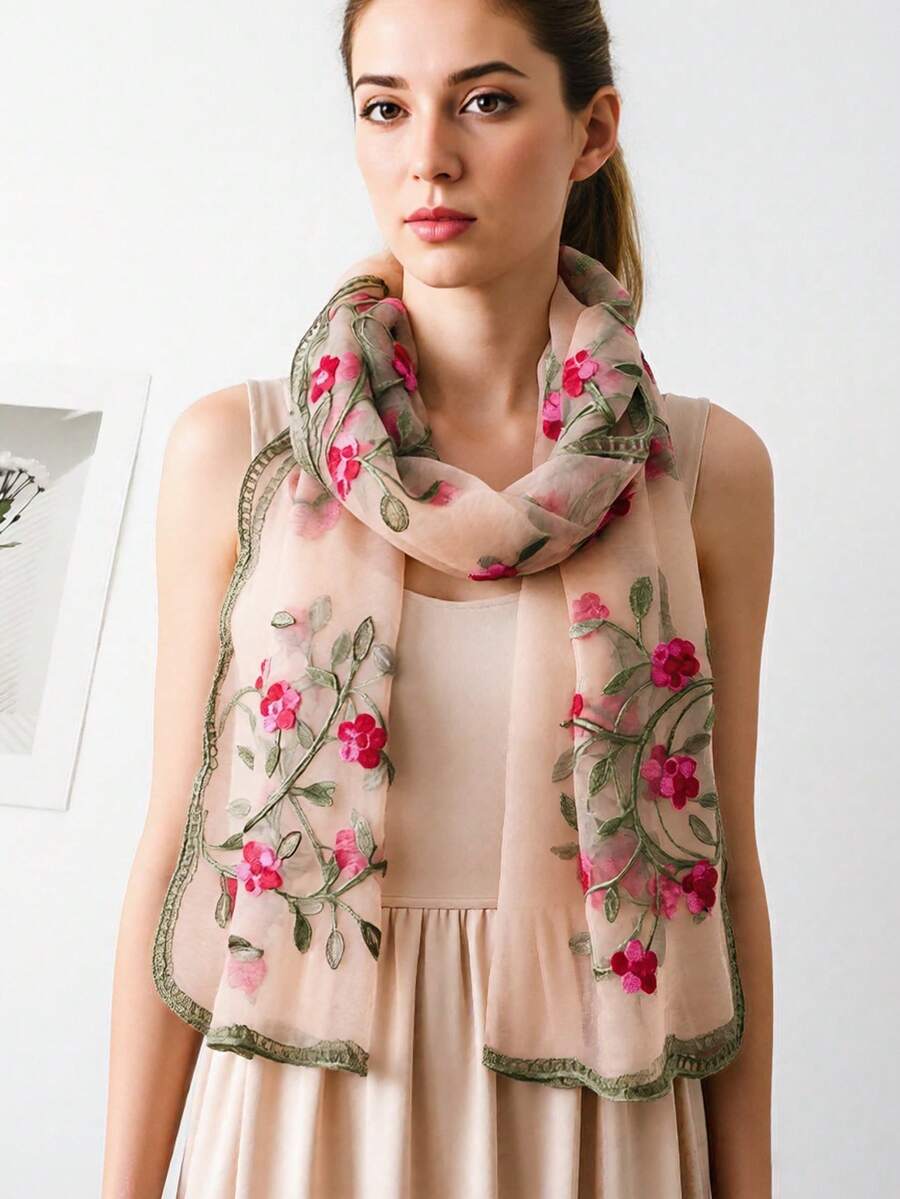 1pc Spring New Embroidered Women's Long Scarf, Shawl, Breathable & Skin-Friendly, Suitable For Travel, Photo Shooting, Daily Casual Wear,Beach,Holiday - Multicolor - View 1