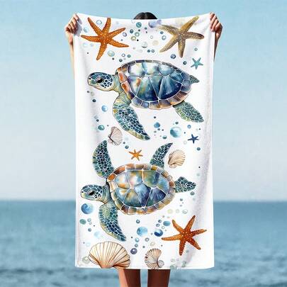 这款柔软的水彩海龟海洋主题印花超细纤维沙滩巾，适用于海滩、游泳池、露营、旅行、浴室、健身、瑜伽等场合。它采用超细纤维制成，触感柔软舒适，是一款时尚的沙滩巾，吸水性极佳，轻便易携，防风防晒，夏季旅行防沙，也是假日浴室装饰的理想之选。拥有这款沙滩巾，您一定会后悔！夏季必备！