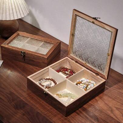 1pc Handmade Retro Wooden Cabinet With Glass Door Panel, Vintage Wooden Jewelry Storage Box, Desktop Cosmetic Storage Box, Gift For Women