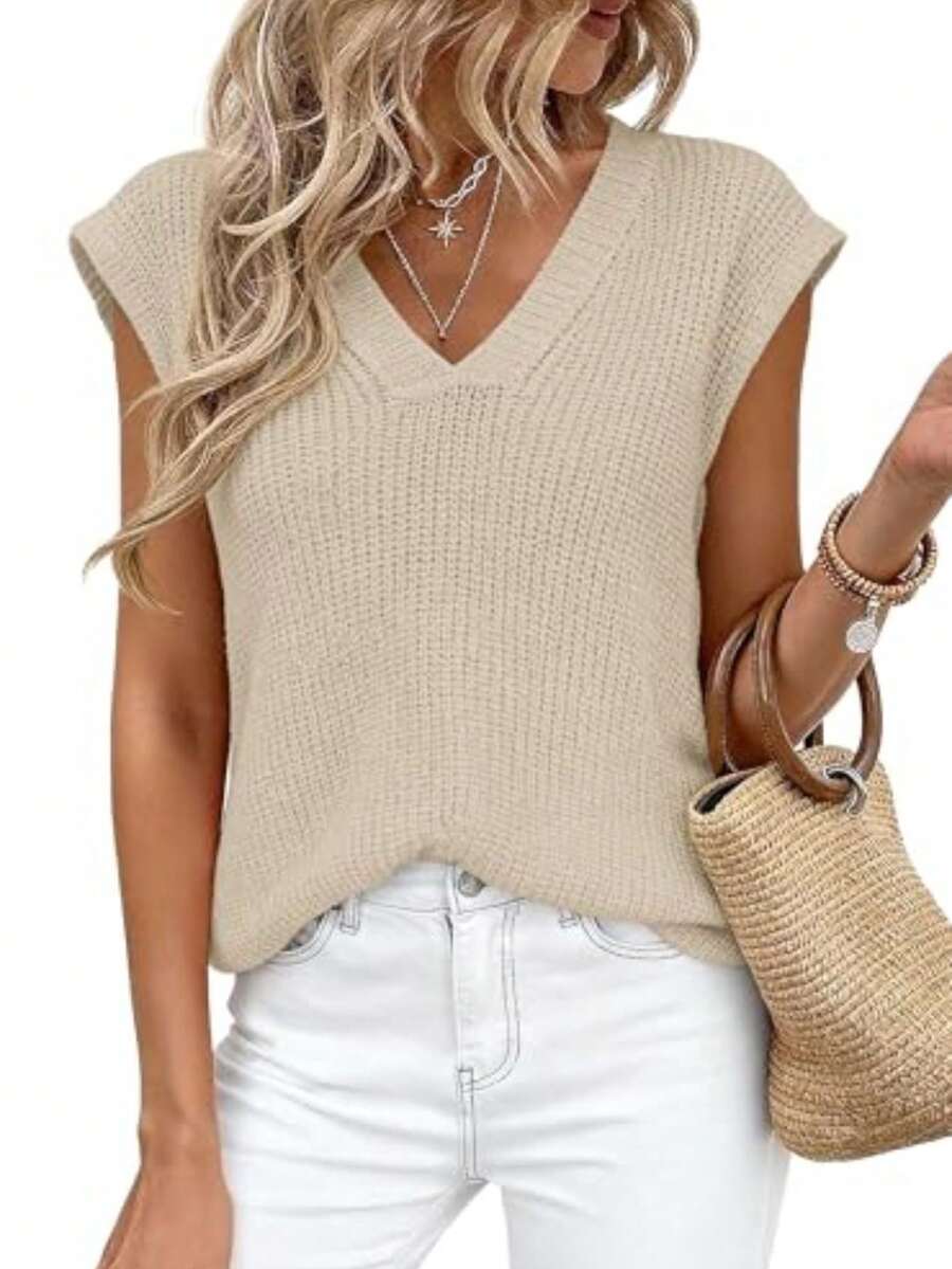 Women's Knit Sweaters Vest Lightweight Spring Cap Sleeve V Neck Tank Tops Summer Going Out Outfits - Apricot - View 1