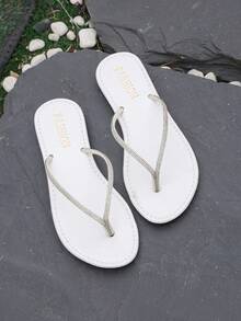 New Spring/Summer Women Beige Rhinestone Thong Sandals, Round Toe Flat Flip Flops, Casual Indoor/Outdoor Slippers - Off White - View 2