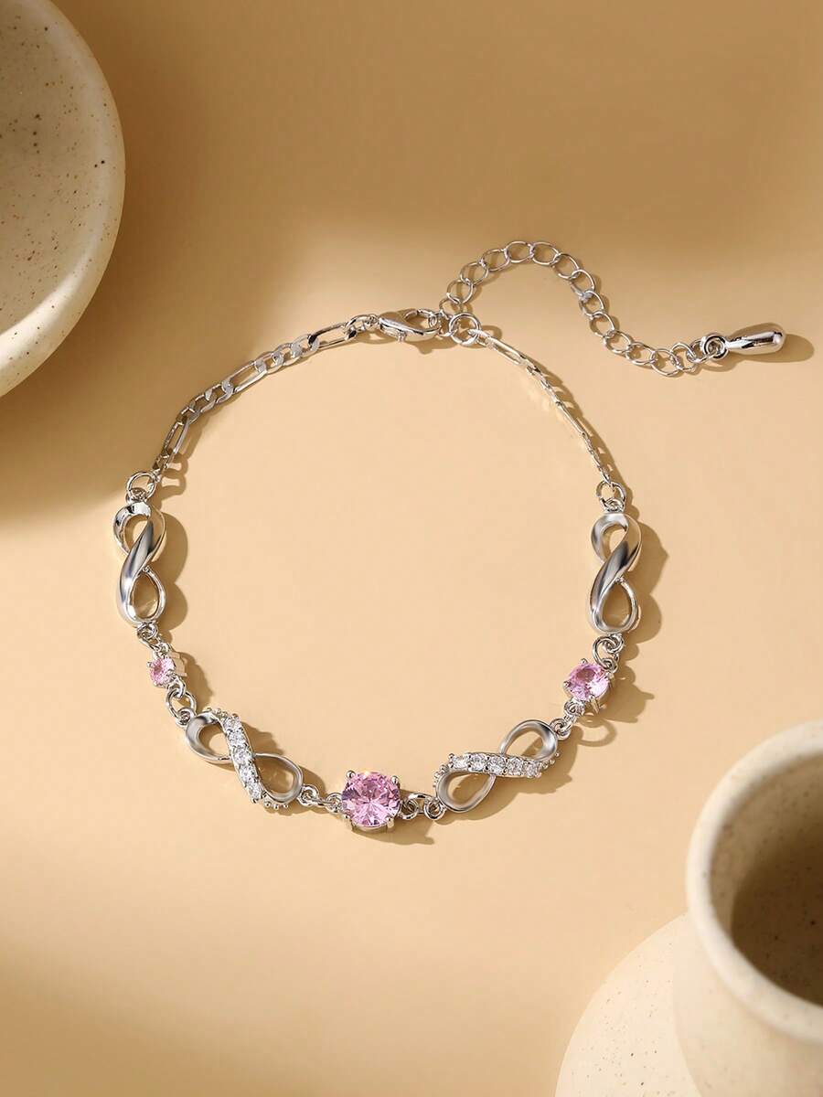 1 chiếc vòng tay hình số 8 tối giản dễ thương đính đá Zirconia, thích hợp cho đi biển, dự tiệc, kỳ nghỉ, trang phục hàng ngày và phong cách cá nhân. - Bạc Hồng - 2 - Xem 1