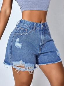 Quần short denim nữ cạp thấp, ôm sát, màu xanh dương, có túi bên hông, dáng suông. - Màu xanh hải quân - Xem 6