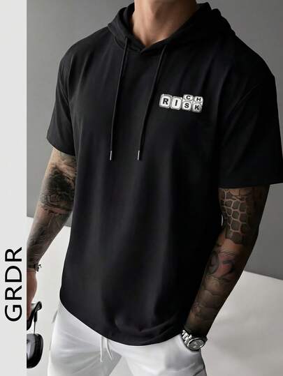 GRDR 1 pieza Camiseta deportiva casual de manga corta con capucha y estampado para hombre