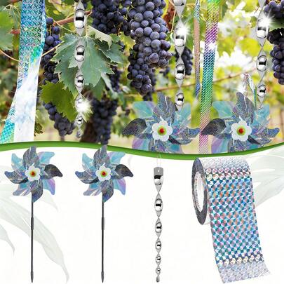 15Pcs Outdoor Bird Repellent Set Including 6pcs Reflective Bird Repellent Rods 4pcs Reflective Pinwheels And 1 Roll Rilver Rird-Repellent Tape Featuring For Deter Birds And Animals To Protect Yards Farms Gardens