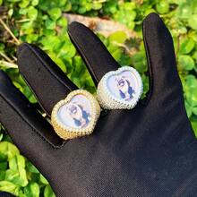 (Hecho a medida) Anillo con marco de foto cuadrado personalizado, joyería de uso diario personalizada con circonita cúbica de latón estilo hip-hop - Anillo con forma de corazón - Ver 6