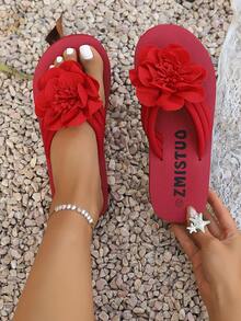 New Spring/Summer Fashion Thick-Sole Beach Slippers For Women, Floral Decor Sandals - Red - View 4