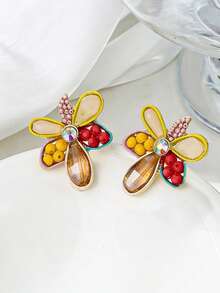 1pair Alloy Faux Jade & Faux Pearl & Flower Design Stud Earrings For Ladies, Perfect For Date Or Party Valentines - Multicolor - View 4