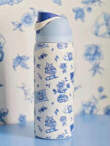 OwaIa Delft Cat Print Large Capacity Stainless Steel Water Bottle,32oz/945ml,With A Straw,Exquisite Appearance,Keeps Drinks Hot Or Cold,Can Hold Iced Drinks And Water,Suitable For Leisure,Work,Sports,Indoors And Outdoors,Perfect Gift Choice.Vacuum Flasks-Everyday Tumbler-Perfect Birthday Gift-Father Day Tumbler - Xanh và trắng - Xem 2