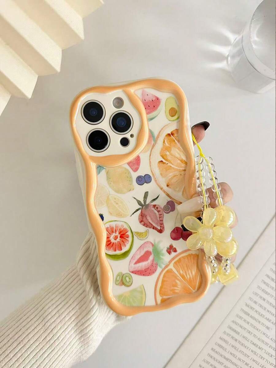 奶油色波浪边亮面水果草莓印花防震手机壳，配串珠手链配件，兼容 17 Pro/17 Air/17/17 Pro Max/16/11/16 Pro/16 Plus/16 Pro Max/16 e/15 Pro Max/13/14/12/XS/XR/7G/8P、Galaxy S25/S25 Plus/S25 Ultra/A16/A36/A26/A56/A50/A12/A32/A52/A72/A51/A21 S/A13/A14/S24/S24 Plus/S24 Ultra、S22/A52/A53/A54/A55/S23、11/12 Pro/12/12 X/13 Pro/14 Pro/15 Pro 等机型。 10/9/Note9/12c/Note11pro/Note8Pro - 彩色 - 查看 1