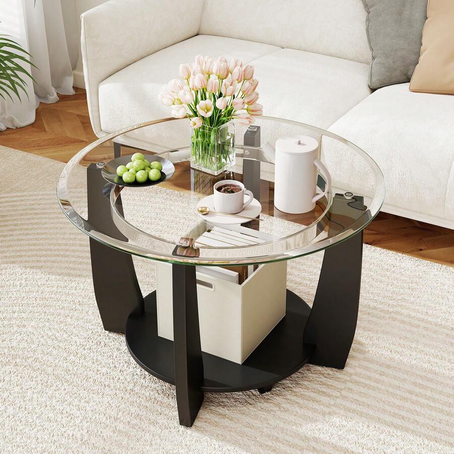 GOFLAME Rolling Glass Coffee Table With Wheels, 81CM 2-Tier Round Center Table With Storage Shelf & Solid Rubber Wood Legs, Modern Cocktail Tea Table For Living Room, Home Office - Black - View 1