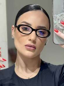 1副女士椭圆形镜框无度数眼镜，黑色粉色简约经典高品质独特休闲风格，适合日常户外通勤、办公室街头佩戴，附眼镜盒 - 彩色 - 查看 2