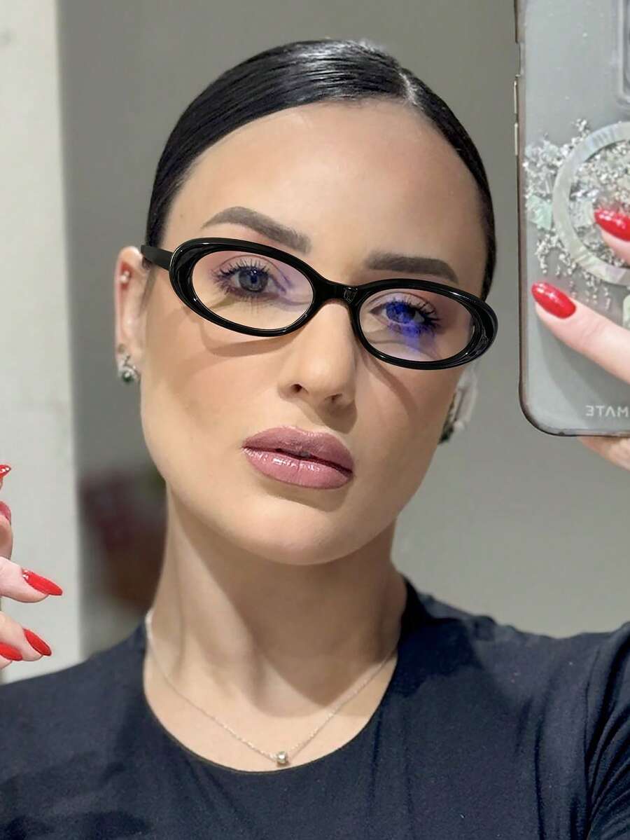 1副女士椭圆形镜框无度数眼镜，黑色粉色简约经典高品质独特休闲风格，适合日常户外通勤、办公室街头佩戴，附眼镜盒