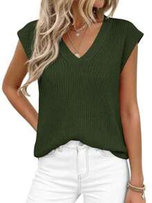Women's Knit Sweaters Vest Lightweight Spring Cap Sleeve V Neck Tank Tops Summer Going Out Outfits - Dark Green - View 2