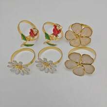 6个复古3D玫瑰花合金餐巾环，水晶花餐巾架 - 彩色 - 查看 8