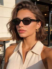 1pc Casual Geometric Pattern Frame Fashion Glasses, Women's Fashion Y2K UV Protection, Suitable For Summer, Beach, Travel, Party, Gift, Daily Wear - Black All Gray - View 7