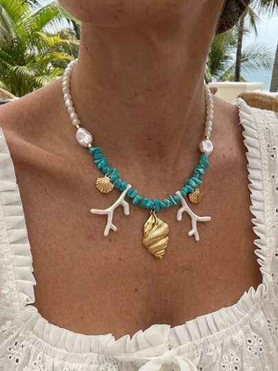 1 chiếc vòng cổ kiểu dáng nghỉ dưỡng làm từ vỏ sò, san hô, ngọc trai và đá quý dành cho nữ, vòng cổ ngọc trai thời trang phù hợp cho dạo phố, dự tiệc, phụ kiện đi biển.