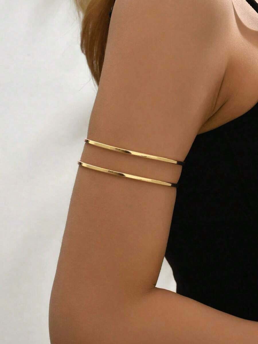 1pc Women Minimalist Geometric Line Open Bangle, Gold Color, Suitable For Daily Wear - Gold - View 1