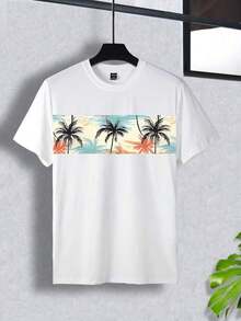 Camiseta de Verano para Hombre Manfinity RSRT, Estampado de Árbol de Coco, Cuello Redondo, Estilo Casual, para Vacaciones - Negro - Ver 3