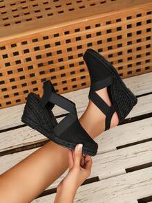 Woven Closed Toe Criss-Cross Elastic Rope Fashionable Wedge Heel Women Shoes - Black - View 3