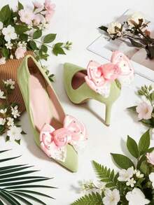 1 Par de Clipes Decorativos para Sapatos Elegantes de Estilo Coreano em Cetim com Design de Laço, Acessórios de Sapato Removíveis, Adequados para Sandálias, Saltos Altos / Apenas Clipes de Sapato, Sapatos Não Incluídos - Rosa chiclete - Visão 5