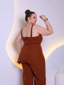 Women's Plus Size Tailored Set Consisting Of A Blouse And Wide-Leg Trousers C3090-2 - 鏽棕色 - 查看 4