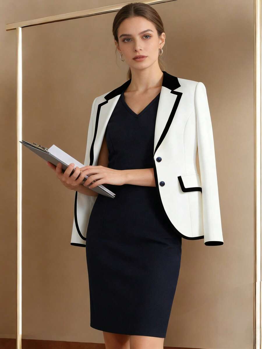 HOMEYEE Bộ 2 món gồm áo vest hai hàng cúc và váy không tay, trang phục công sở thanh lịch, phù hợp cho nhiều dịp và kỳ nghỉ, màu trắng mùa xuân. - trắng - Xem 1