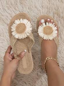 Vacation Khaki Slippers For Women, Linen Flower Decor Flip Flops,Beach Outfits - Màu be - Xem 8