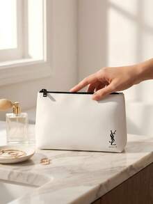 1 Túi nhỏ bằng da giả màu trắng, khóa kéo, cỡ trung bình - Phong cách tối giản sang trọng, in logo  Beaute, hình thang, túi đựng mỹ phẩm đa năng cho du lịch và sử dụng hàng ngày. - trắng - Xem 2