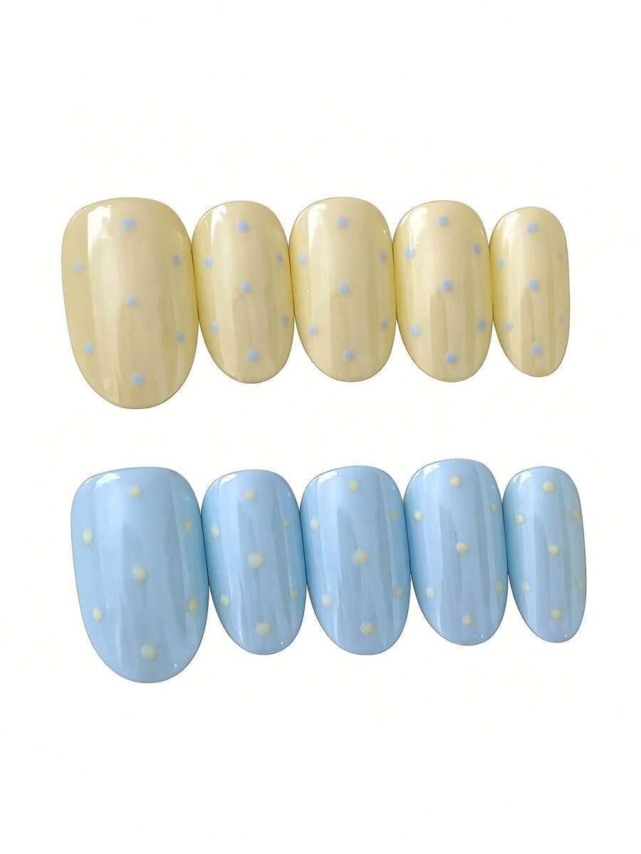 10pcs Handmade Short Oval Colorful Nail Stickers, Cream Yellow & Light Blue Combination, Hand-Painted Polka Dot Pattern, Cute Minimalist Style, Suitable For Women & Girls, Spring/Summer/Autumn/Winter, Party & Daily Use - Multicolor - View 1